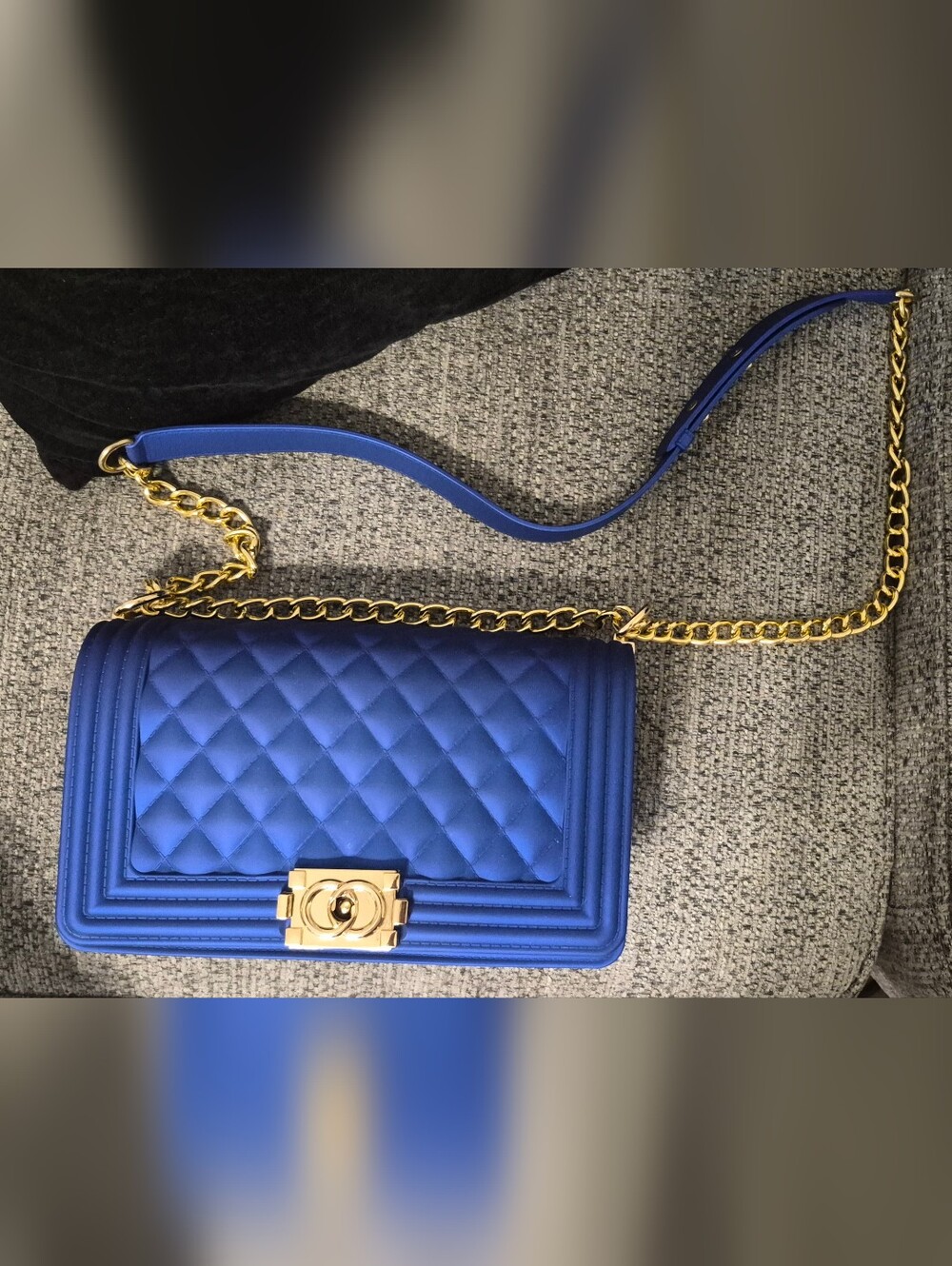 Blue Quilted Chain Shoulder Bag with Gold Strap - Picture 2 of 6